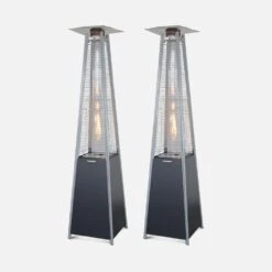 Lot De 2 Chauffages D'extérieur - Sweden - Parasols Chauffants Gaz Pyramide. Design. Véritable Flamme. Roulettes Incluses