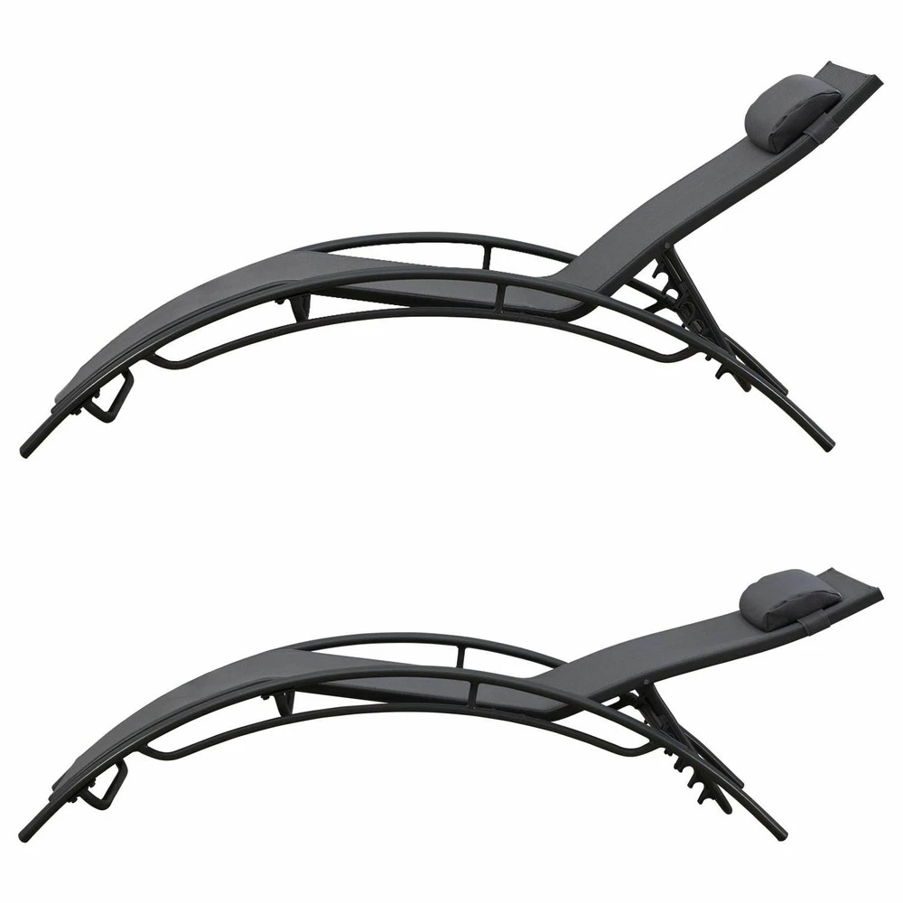 Baisao - Bain De Soleil Courbé Textilène Aluminium - Inclinable - Coussin De Tête - Léger Et Confortable - Gris/gris Anthracite - X2 2 Baisao - Bain De Soleil Courbé Textilène Aluminium - Inclinable - Coussin De Tête - Léger Et Confortable - Gris/gris Anthracite - X2 – Image 2