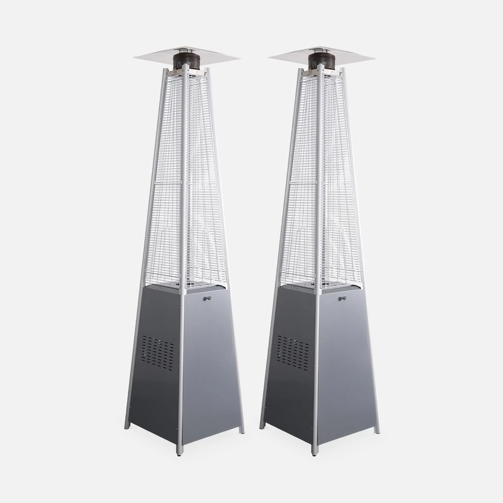 Lot De 2 Parasols Chauffants Gaz Pyramide. Gris Clair. Véritable Flamme. Roulettes Incluses 1 Lot De 2 Parasols Chauffants Gaz Pyramide. Gris Clair. Véritable Flamme. Roulettes Incluses